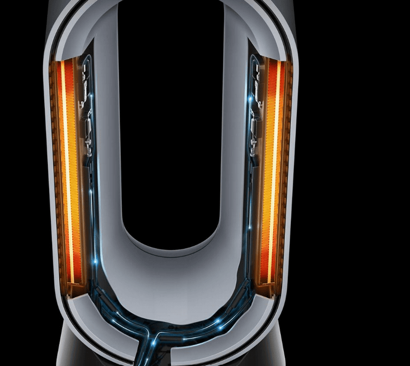 Der Dyson Purifier Hot+Cool Formaldehyde HP09 ist im Profil durchleuchtet und im Inneren des Turms stecken Keramik-Heizelemente